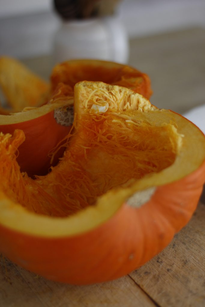 close up picture of pumpkin cut in half 