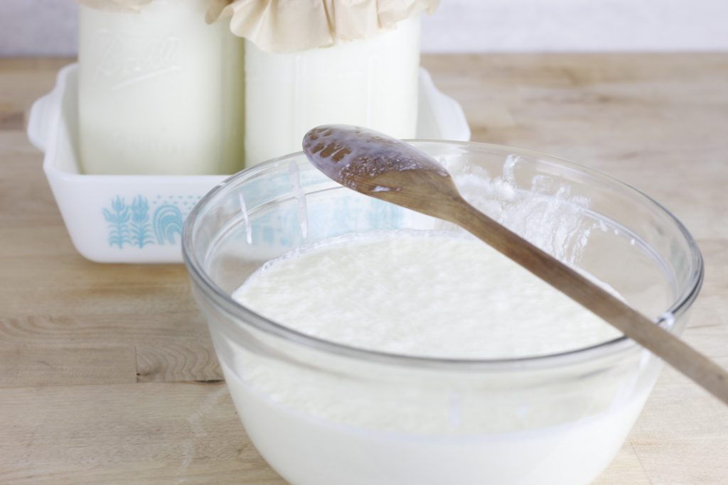image of a bowl of kefir on a countertop there is a wooden spoon on the bowl and a white dish in background containing two jars of kefir