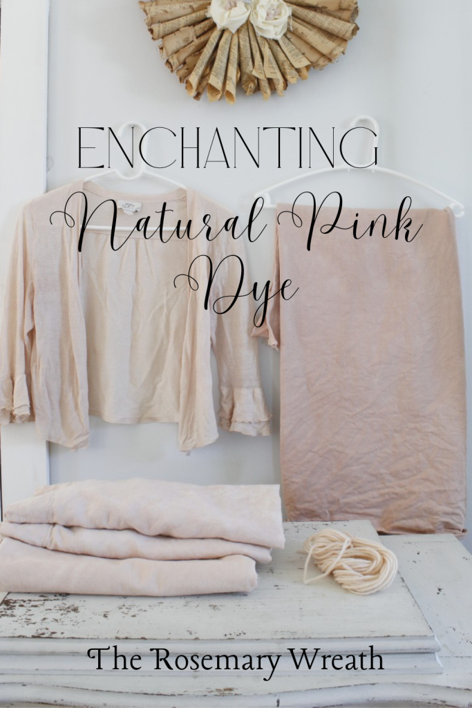 This is an image of the finished dyed fabrics and yarn lying on a white table and hung on hangers.  It also has written on it Enchanting Natural Pink Dye.
