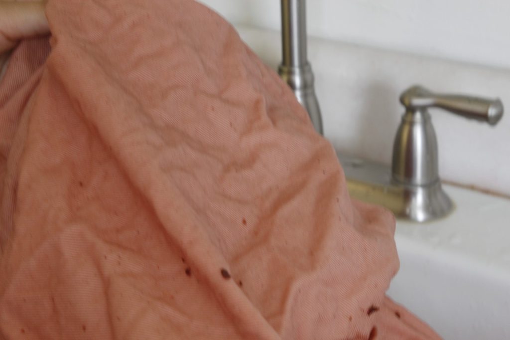 This image shows the pink dyed fabric upon removal from the dyebath.