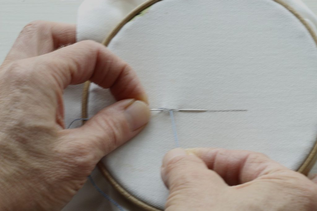 This is an image of two hands beginning to sew a backstitch onto white fabric that is held in an embroidery hoop.