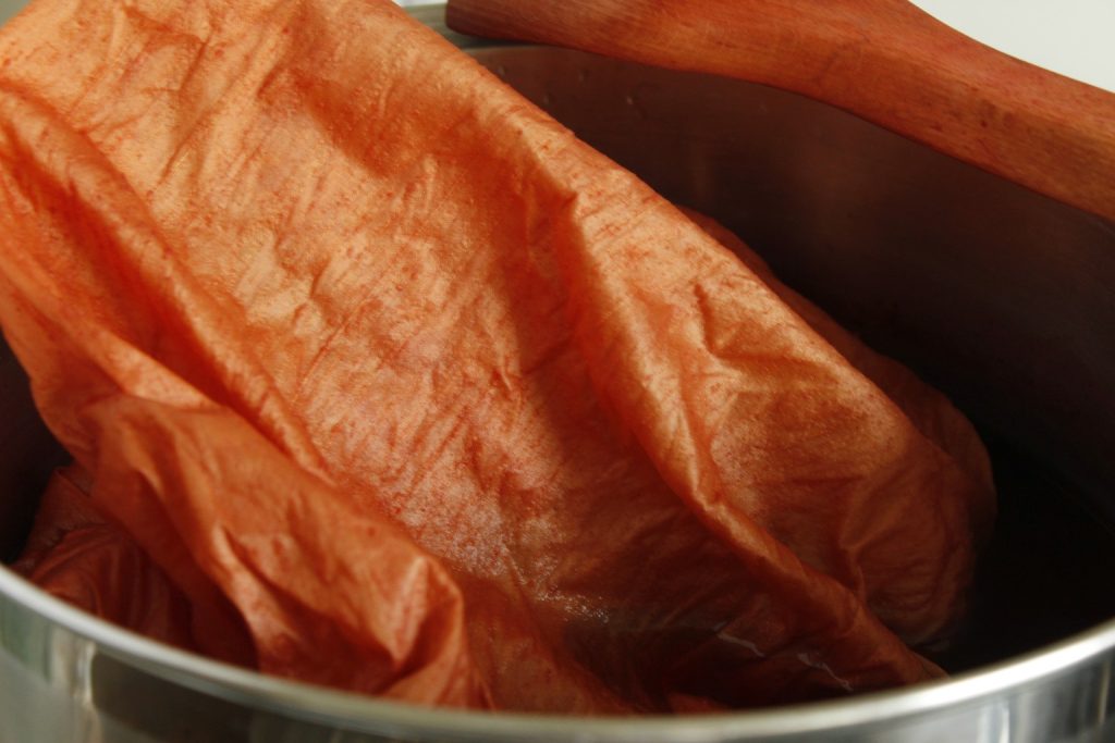 This image shows the end result of the madder root dye upon the silk fabric, it is a dark peach orange color and it is still wet so the color will be lighter upon drying.