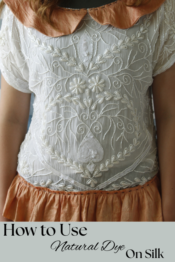This image shows the final use for the naturally dyed silk fabric on a white beaded and sequined top with the words How to Use Natural Dye on Silk Fabric .